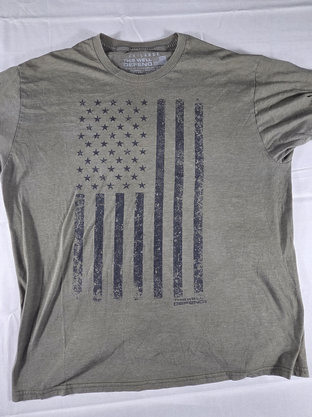 This We’ll Defend American Flag Graphic Tee XXL Olive Green USA Shirt